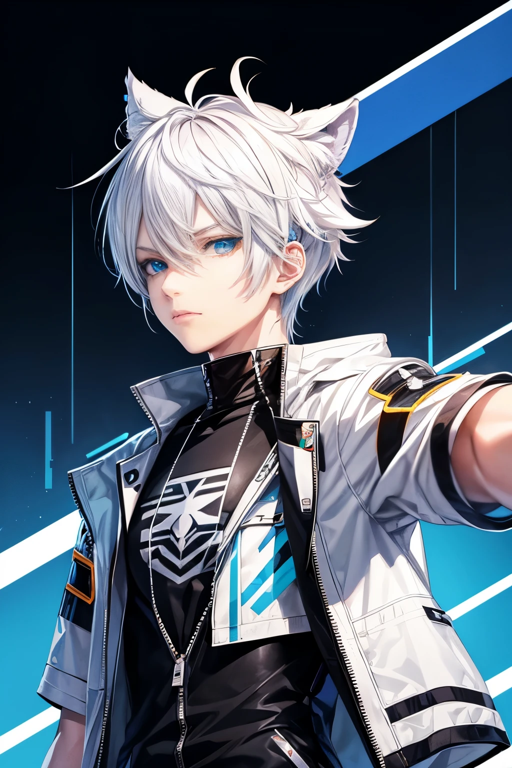 a Vtuber (anime) character with white hair, blue eyes (cyberpunk style) and color.
The character must have a lollipop in his hand and a pair of white tiger ears.(V6)(ultra realistic.)