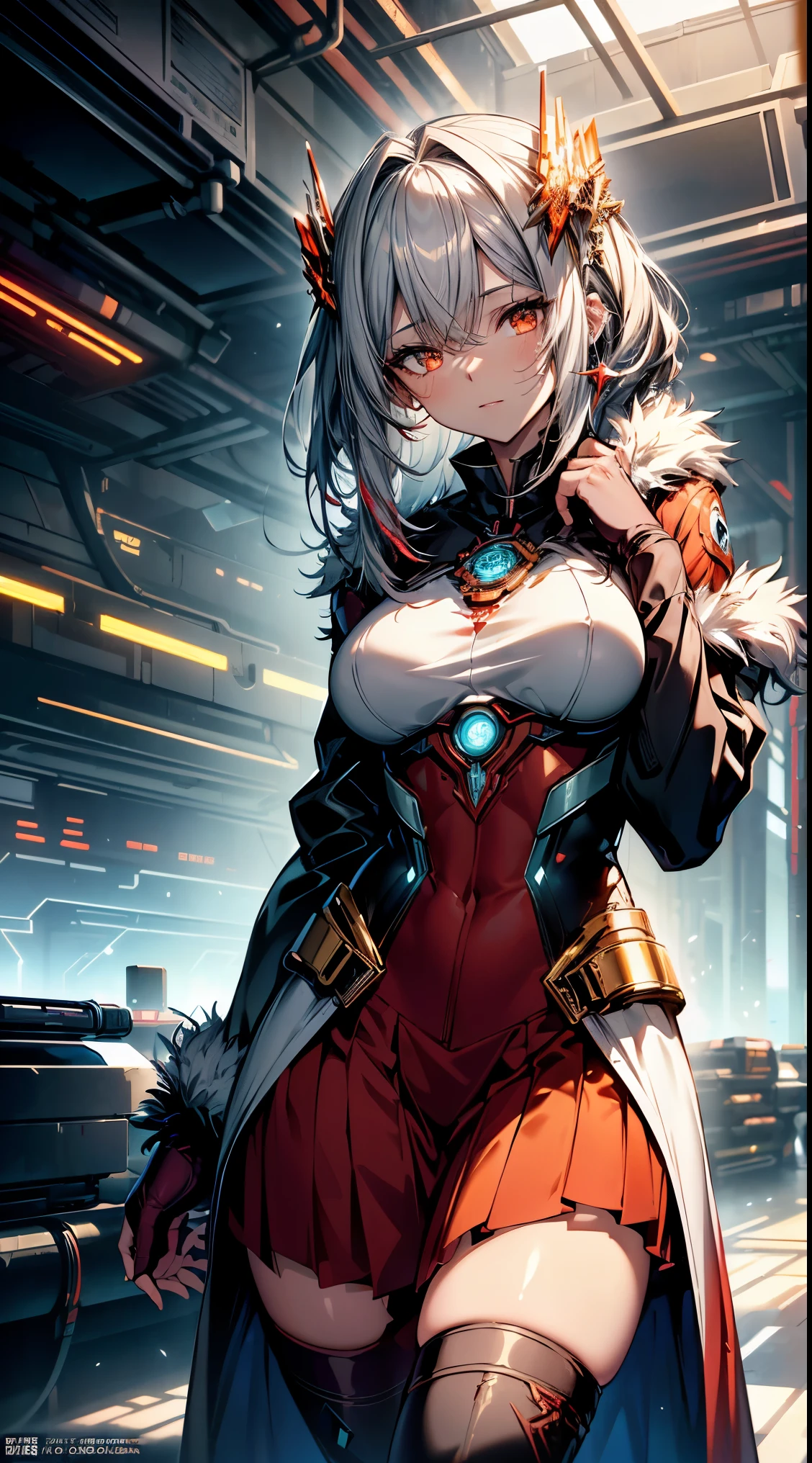 Bright silver futuristic goddess girl in jumpsuit ((Blood red pleated tight suit)) and (gold line) accent (((skirt))) (((goddess robe and long sleeves))) and fireball, (Short robe), (Runes on the skin), epic, elite, ((lacy)), Futurism, cyberpunk, silk, fur, (), decolletage, Natural breasts, slim, Absolute opportunity, ((((medium length hair)))), (Gradient silver hair) and stripes of red highlights in the hair., (beautiful detailed bright ((luminescent)) Burning fire eyes), portrait, (Beautiful and beautiful:1.2, fractal art:1.4), most realistic, surreal, raw, best quality, best quality, detailed, actual, 4k 高度detailed数字艺术, octane rendering, bioluminescence, (cool_color), best pixels, 8k ultra, Extremely detailed CG unified 8k wallpaper, Cinema lighting