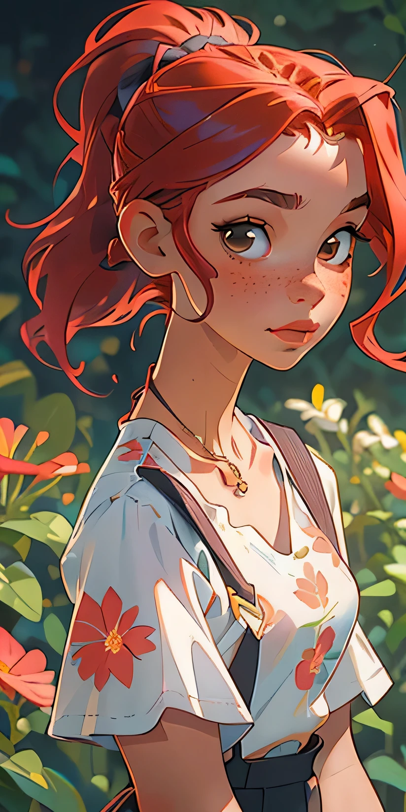(masterpiece, best quality), 1girl, collarbone, wavy hair, looking at viewer, blurry, upper body, necklace, suspenders, floral print, ponytail, freckles, red hair, sunlight,