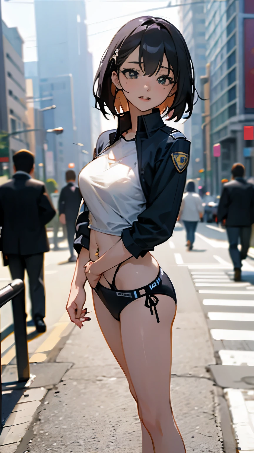 エマという名前のsexyな警察の女の子, standing on the street, Wearing a police uniform, sexy police girl on road, sexy, beautiful girl, cute face, beautiful face, wearing American police uniform, big breasts, realistic, photorealistc, high quality, 4K, detailed face, ultra realistic, high quality: 1.9, fine eyes, stylish pose, sexy pose, photograph, photograph撮影, ((navel piercing))