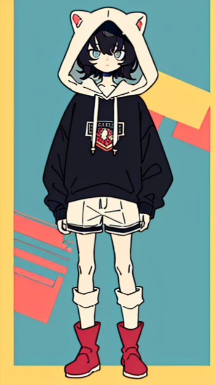 (masterpiece, Best quality) ,whole body, boy, shorts, long sleeve hooded sweater, with floppy ears like a dog's, bored expression, fluffy thick hair, Bright eyes , (One), standing, (masterpiece), ((Best quality)), (ultra detailed), detailed information, flat colors, Colorful, (1other:1.1), Tachi-e, no designs on clothes, rubber boots