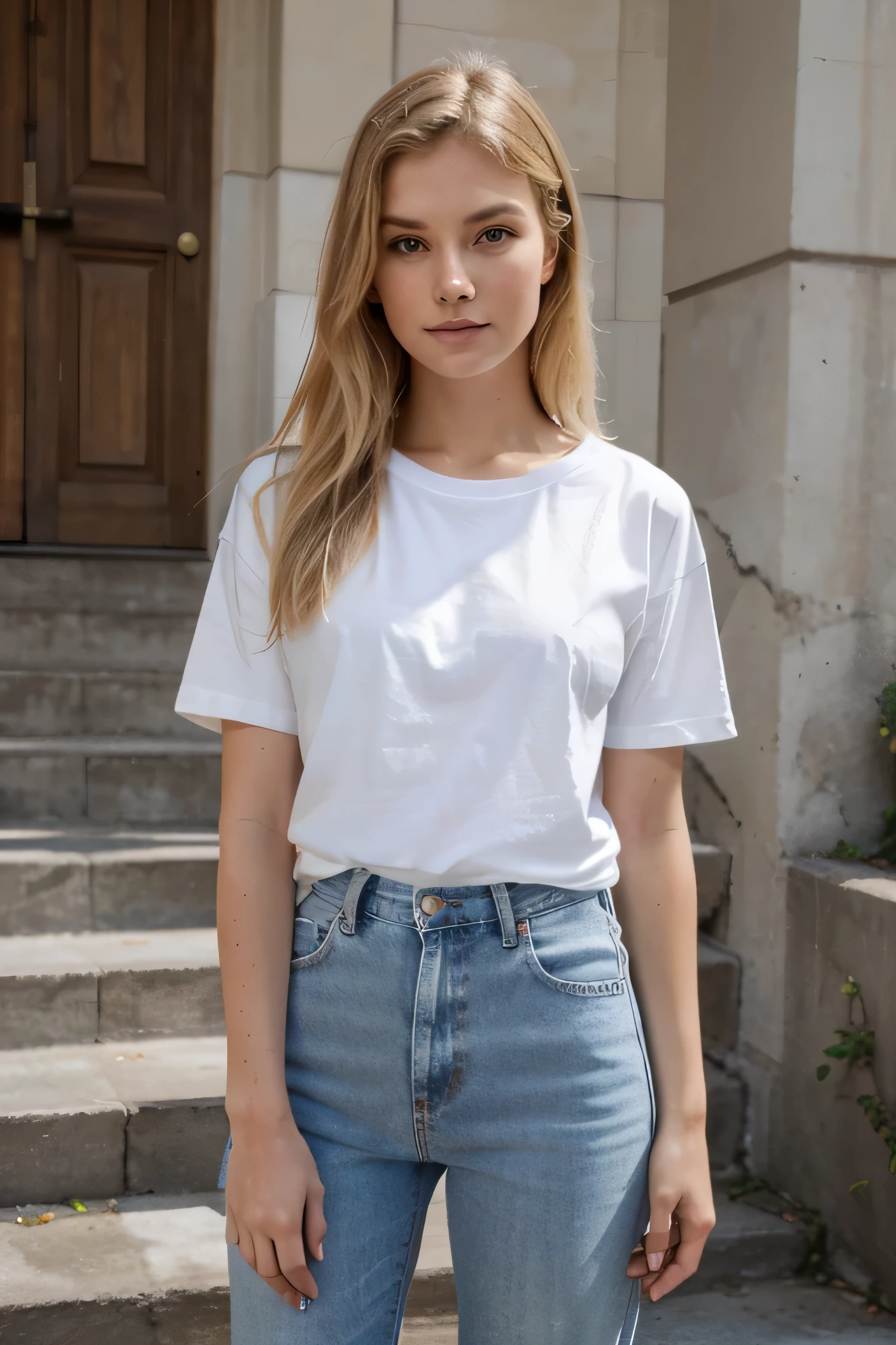 Masterpiece,stunning realistic, best quality, sharpness, 1 girl,12 years old,long hair,(green hair:1),(messy hair:1),dark blue eyes,(arms behind back:1),standing in a garden,white tight shirt,jeans