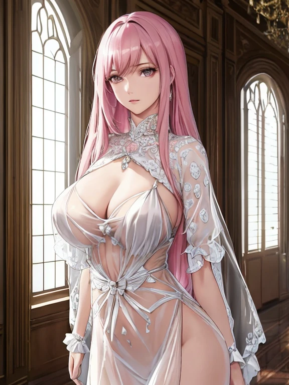 {{{{masterpiece}}}}, {{{super detailed}}}, {{{High resolution}}}, {{excellent anatomy}}, (((highest quality))), ((very delicate and beautiful)), {{very detailed and delicate}}, extremely detailed, solo, One female、best style、beautiful woman、The most beautiful woman in the world、(transparent sheer dress:1.5),((big breasts))、(((long pink hair)))、royal palace interior, chalk palaceの中, baroque architecture, elegant walkways between towers, in luminist baroque style, royal palace, Baroque symmetry, Italian Renaissance architecture, Endless corridors, Rococo architecture, Baroque interior, chalk palace,extremely detailed, solo, perfect face, pretty face, highly detailed face,(muste piece), (best quality)