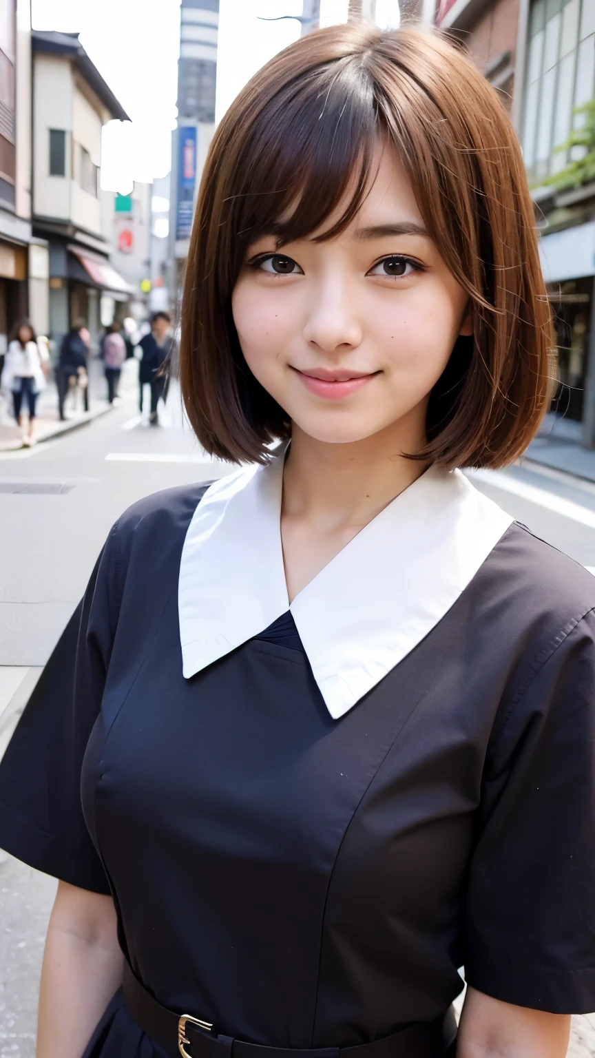 ((highest quality)), ((masterpiece)), (be familiar with), ((big breasts)), ((double)), perfect face ((((Japanese high school girl)))), (((uniform)), brown hair, ((Upper body)), short hair,smile, ((((downtown japan))))