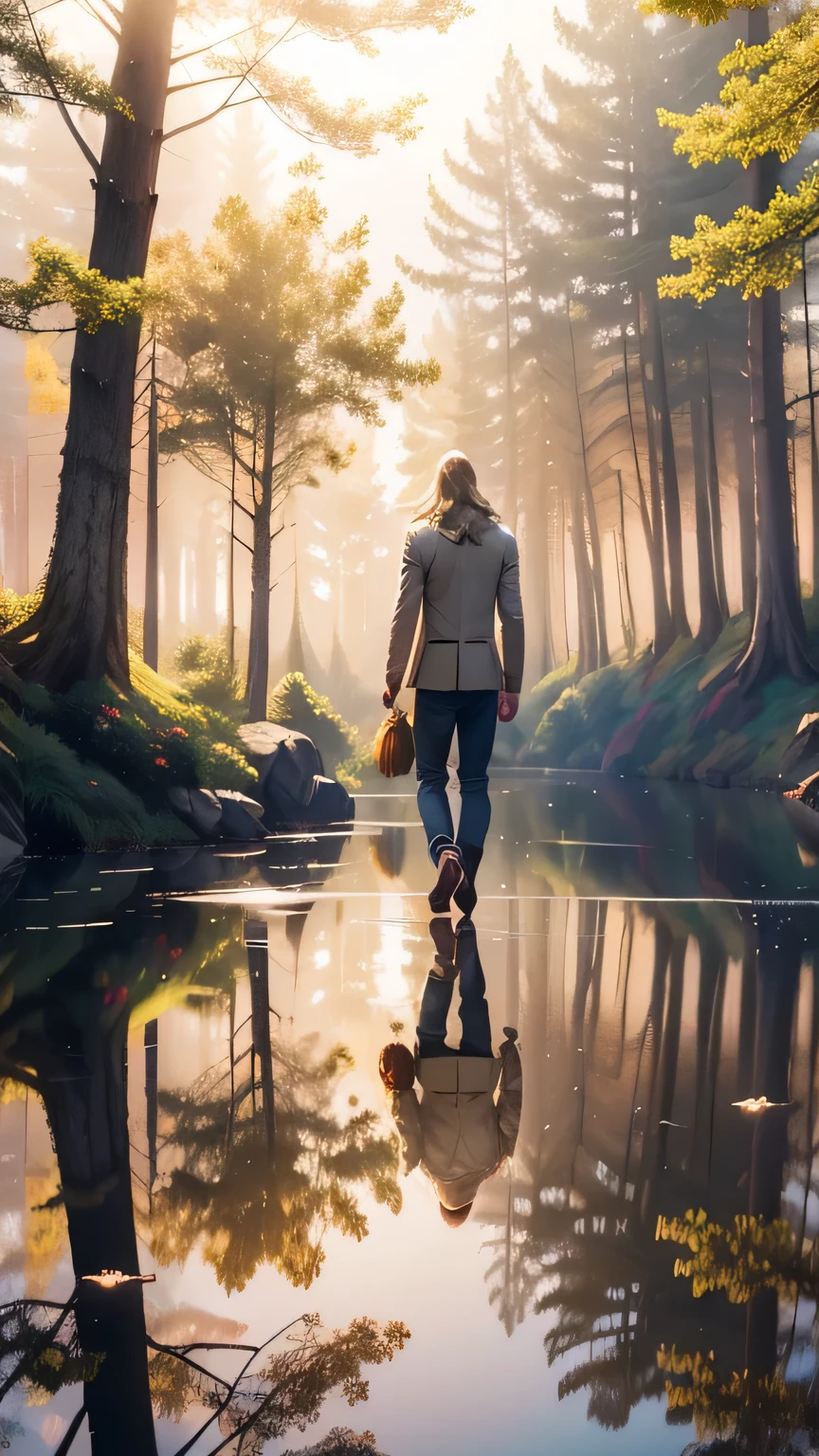 Ass, beautiful man, blond hair, looking for viewer, lake in forest, sony a7, film gain, sun shine, cinematic lighting, photorealistic, one-point perspective, 32k, diffused reflections, bloom, colorful shiny particles, flying colorful birds, colorful fog, colorful fluid