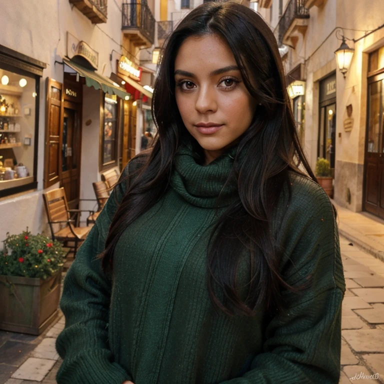 Brunette spanish latino feature with long black hair 33 years old with big green eyes Taking a selfie dressed in chic winter clothes in Spain