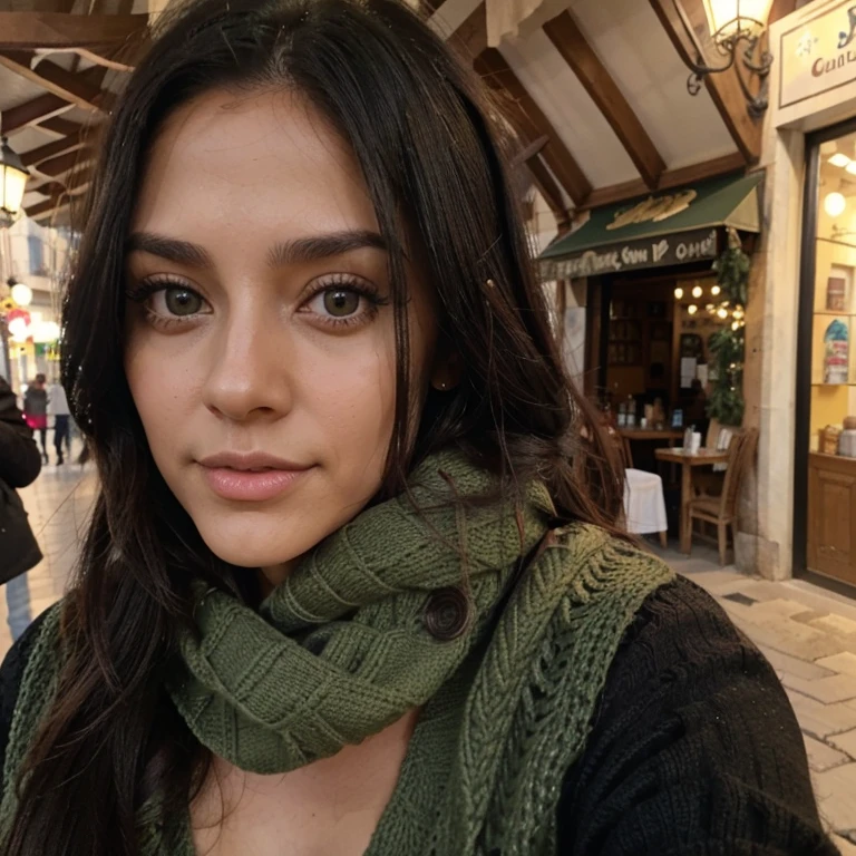 Brunette spanish latino feature with long black hair 33 years old with big green eyes Taking a selfie dressed in chic winter clothes in Spain