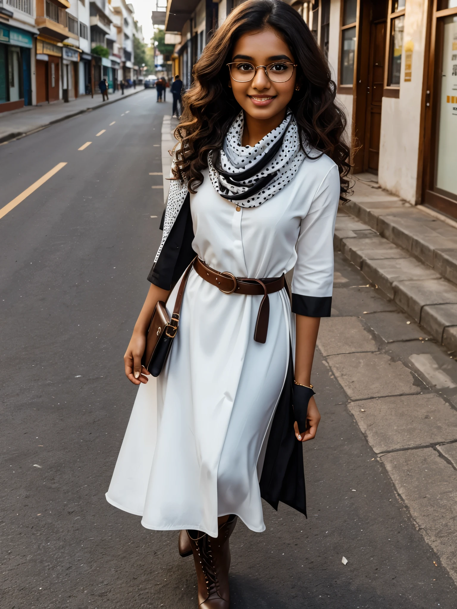 20 year old fair Tamil girl, specs, long curly hair, (wearing:1.6 black dotted white gown, multi color scarf, brown belt, specs, brown heels boots), eyes symmetry, face symmetry, (round face, shining eyes, bright smile, glossy lips, glowing skin, straight nose), standing on a table, outdoors, road side shop, deserted street, beautiful lighting, maximize objects, HDR, hyper realistic