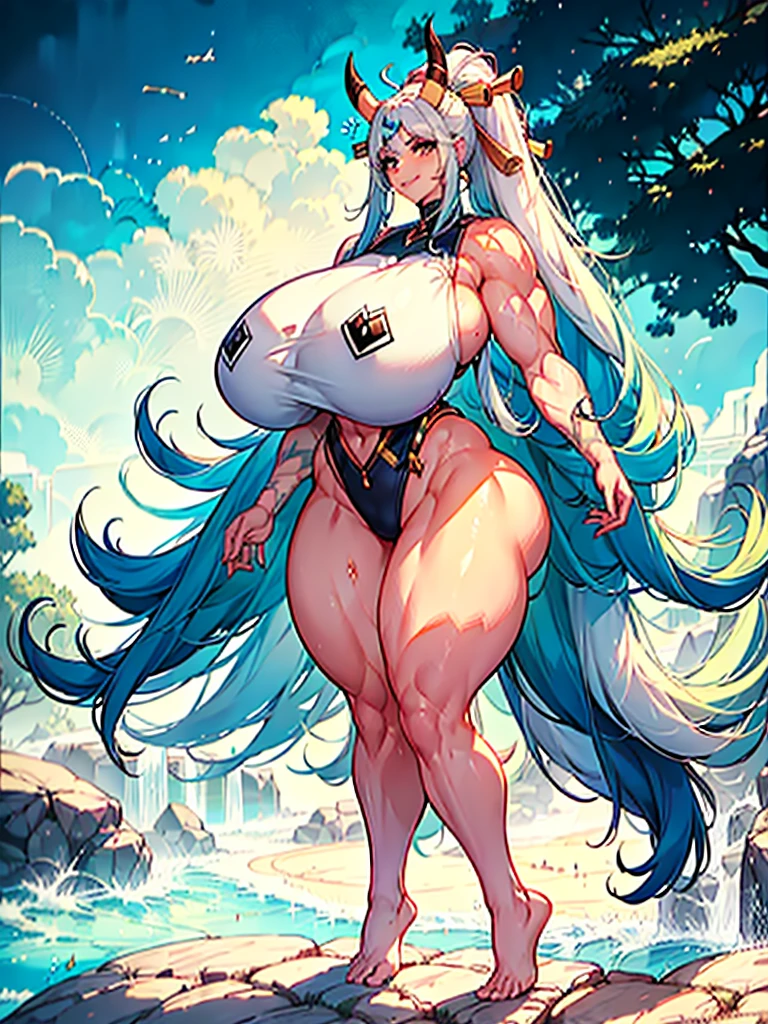 1 woman, yamato, in posing picture, standing, long hair, high ponytail, multicolored hair, aqua hair, white hair, two-tone hair, hair ornament, horns, multicolored horns, leggings, storts bra, colorful clothing, bare feets, (huge breasts:1.5), large breasts, goddess, big chest, beautiful anime woman, perfect body, Voluptuous body, big ass, muscolar ass, muscolar legs, ((smile)), (abdominals:1.4), 27-year-old, 7headed body, (cute face), (Ideal ratio body proportions), Wearing sweat, Smiling smile, long-hair, beauty legs, Skinny Legs, surrealism, Ultra Quality, Masterpiece, Ethereal,Ultra-Detailed,8K, breathtaking beauty, vivid colors reflects, full body picture