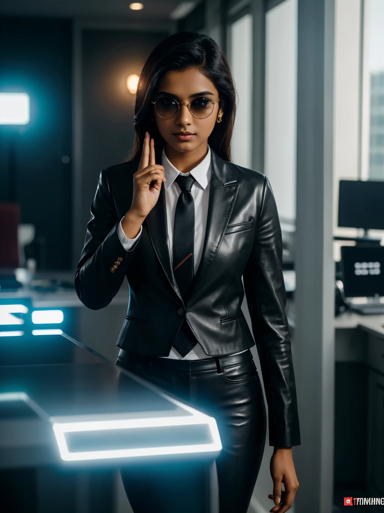 20 year old brown Tamil girl, royal look, bossy, (wearing:1.6 suit tie blazers leather jacket sunglasses pants professional shoes, gloves), (side shaved hair), (glowing eyes, round face, straight nose glossy lips, slight smile:0.6, perfect 5 fingers), cinematic pose, standing in a distance, (lighting:1.6 cinematic filmy dramatic CGI digital rim), luxurious huge office, complex background, HDR, hyper realistic