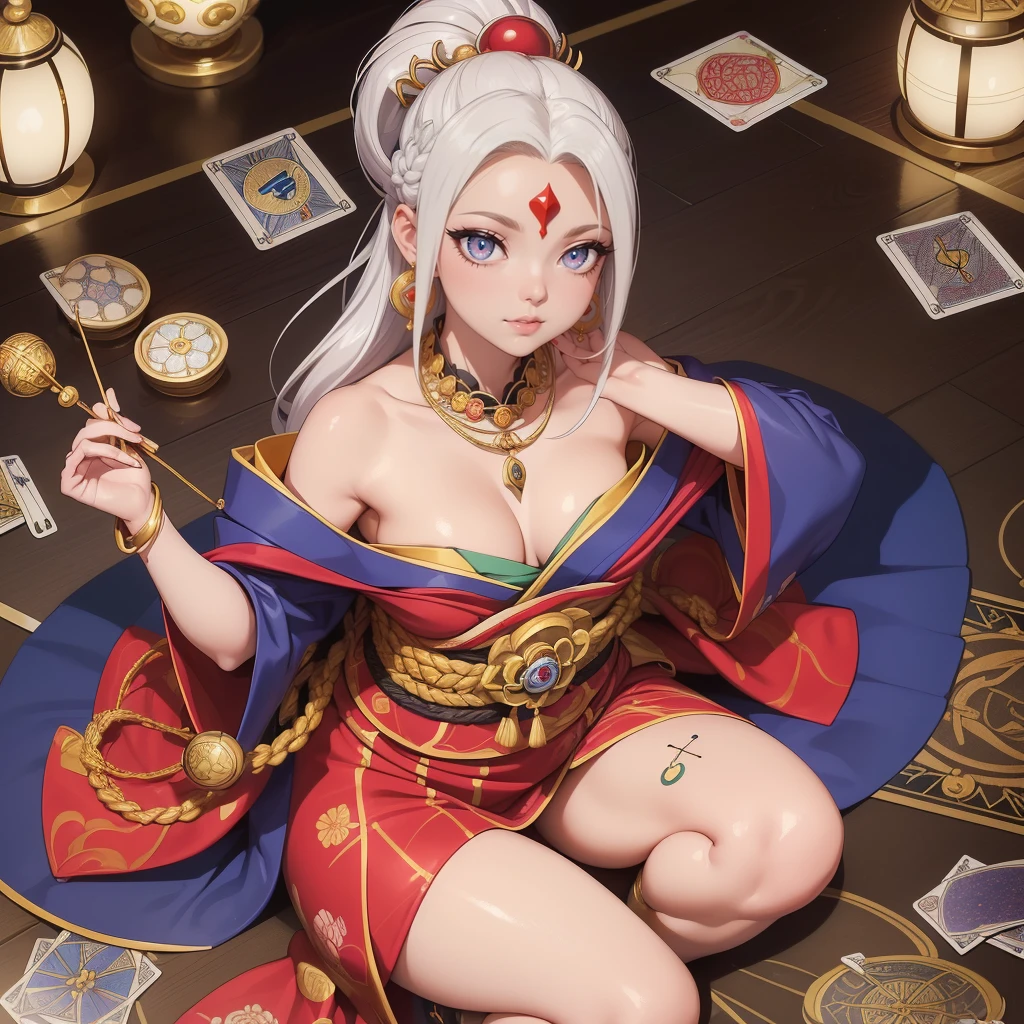 Masterpiece, Best Quality, (((Solo mature woman Janet))), (((platinum blonde hair))), long braided Ponytail, (((wide hips))), (((light blue eyes))), full lips, seductive smile, cleavage, sitting on wooden throne, (((bookshelves, candles))) sunset, blushing, , "beautiful mature face" , age30 , MILF , adult ((open kimono with detailed patterns of gold)), bare shoulder, ((Sexual suggestiveness)), perfect beautiful eyes, detailed eyes. thick lips, ((big boobs)), (Thick thighs), top down, looking down, (((shiny skin))), (((chubby))), (((crystal Ball)), necklace, bracelets, hoop earrings, (((European Face))), ((Oiran)), Japanese Clothing, Boobplate, obi, intricate, eye shadow, floral print, hairpin, lipstick, make-up, red lips, sarashi, kiseru, kanzashi