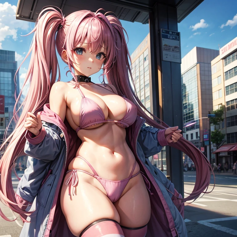 pink hair、twin tails、big breasts、tits、swimsuit、exposed、Slut、Thighhighs、long coat、city、In town、intersection