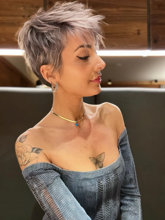 a close up of a woman with a tattoo on her arm, pixie haircut, pixie hair, short grey hair, pixie cut, short silver hair, pixie haircut wlop, pixie undercut hairstyle, pixie cut with shaved side hair, wearing silver hair, short silver grey hair, short messy hair, full of silver layers, black pixie undercut haircut, messy short hair