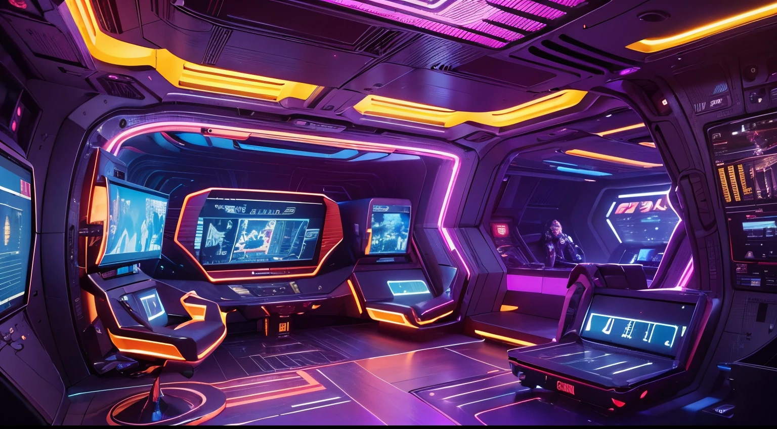 Best image quality, Masterpiece, Ultra-high resolution, (Fidelity:1.4), Photo, Movie, ((cyber punk perssonage)), cyber outfit, Futuristic, ((Award-winning ultra-realistic photos))，（Hyper-detailing），（Complicated details），（High resolution CGI artwork 8k），Futuristic cyberpunk spaceship control room, Futuristic style，There are many colors and LED lights。The spacescape should be very detailed，depth of fields。Create depth with atmospheric lightings。Use atmospheric and volumetric lighting to enhance the space detail。The room should be illuminated by neon lights, Pastel textured colored background, Colourful, vibrant