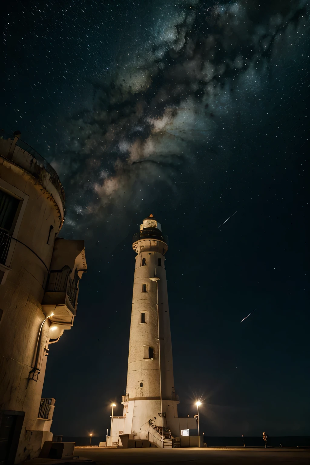 El fondo es un vasto universo por la noche.,a lighthouse and a space shuttle are similar in size, faro en la tierra, transbordador espacial en el cielo