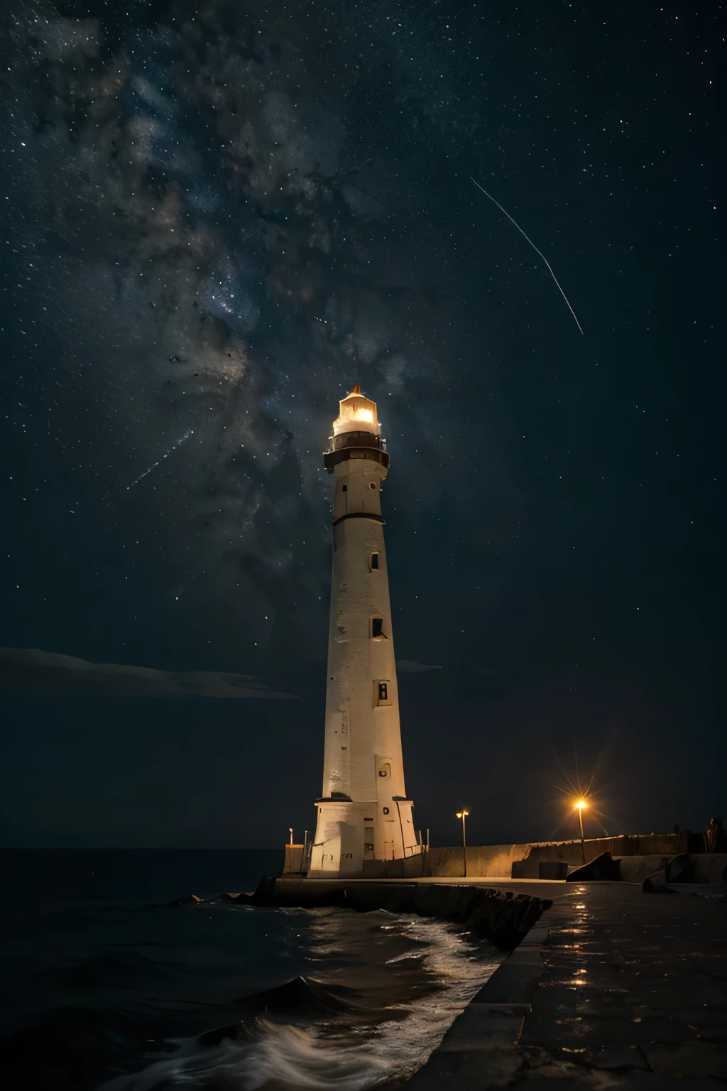 El fondo es un vasto universo por la noche.,a lighthouse and a space shuttle are similar in size, faro en la tierra, transbordador espacial en el cielo