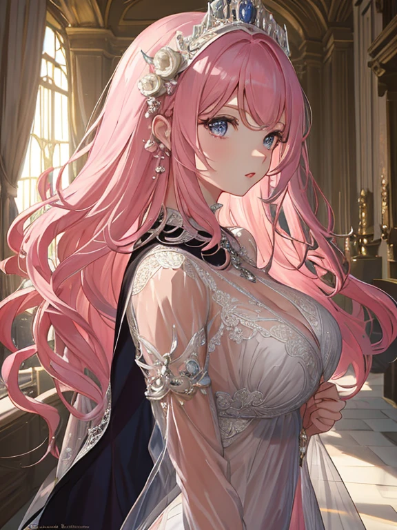 {{{{masterpiece}}}}, {{{super detailed}}}, {{{High resolution}}}, {{excellent anatomy}}, (((highest quality))), ((very delicate and beautiful)), {{very detailed and delicate}}, extremely detailed, solo, One female、best style、beautiful woman、The most beautiful woman in the world、(transparent sheer dress:1.5),((big breasts))、(((long pink hair)))、Inside the chalk palace, baroque architecture, elegant walkways between towers, in luminist baroque style, royal palace, Baroque symmetry, Italian Renaissance architecture, Endless corridors, Rococo architecture, baroque palace,extremely detailedな瞳, solo, perfect face, pretty face, highly detailed face，Rich facial expressions、(muste piece), (best quality)