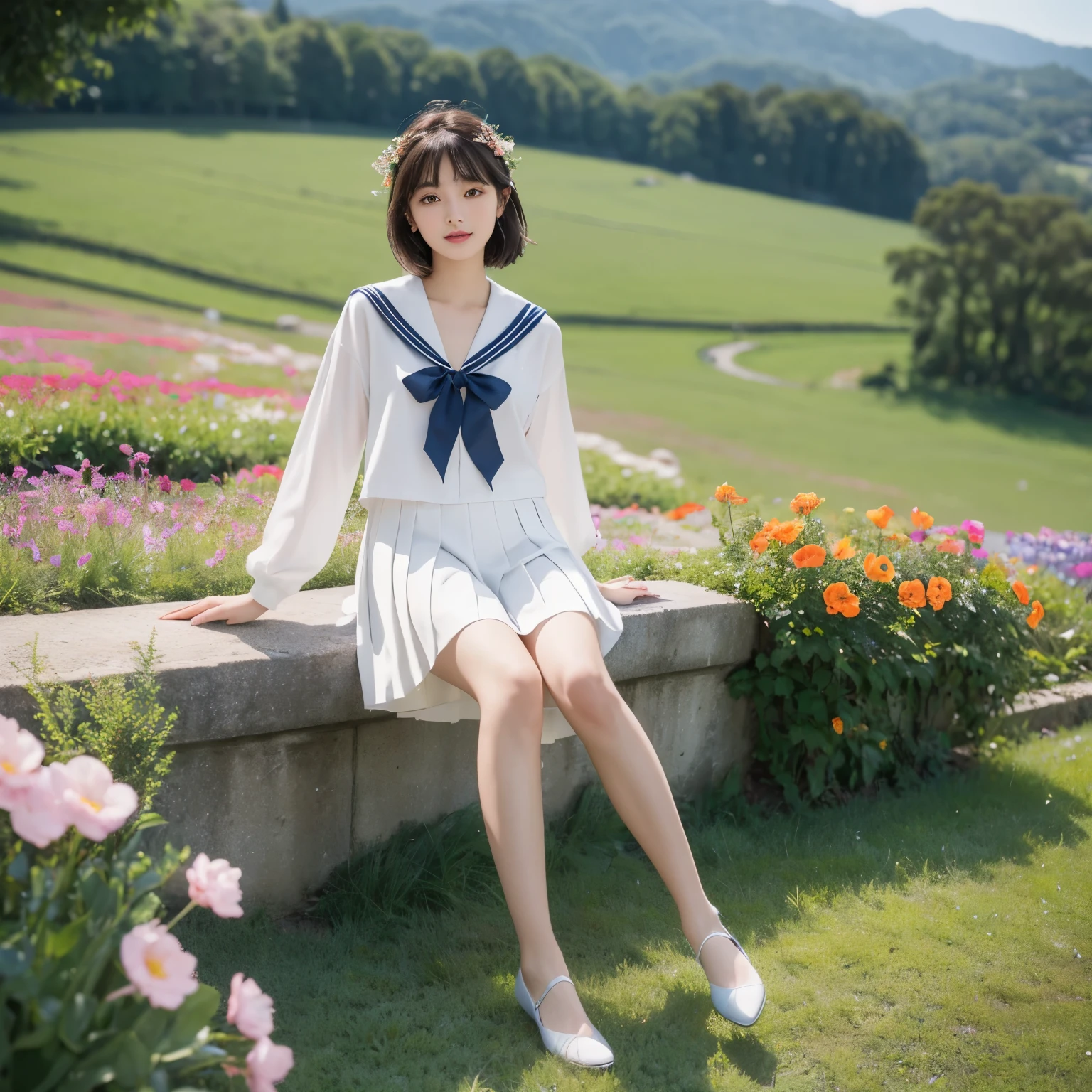 A stunning photograph of a svelte young woman with a layered haircut, radiating confidence and beauty. Her captivating smile and charming expression effortlessly draw the viewer in. Adorned in a charming sailor suit with a pleated skirt, she exudes a sweet and playful aura. The shot is a full-body composition, showcasing the girl's slender figure in exquisite detail. The image captures her delicate features, including her mesmerizing pupils and short, meticulously styled hair. This high-resolution masterpiece, with its impeccable picture quality, portrays the subject with utmost clarity and realism. The scene unfolds on a picturesque hilltop, offering a scenic view of vibrant flowers that surround the captivating girl. As the viewer gazes upon her, it feels as though she is coyly looking back, creating a sense of intimacy and allure.