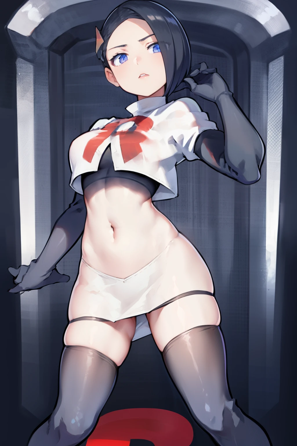 mai, 1girl, breasts, looking at viewer, short hair, blue eyes, black hair, hair ornament, bow-shaped hair, team rocket,team rocket uniform,white skirt,crop top,black thigh-highs,black elbow gloves,