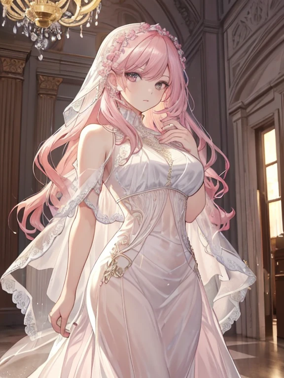 {{{{masterpiece}}}}, {{{super detailed}}}, {{{High resolution}}}, {{excellent anatomy}}, (((highest quality))), ((very delicate and beautiful)), {{very detailed and delicate}}, extremely detailed, solo, One female、best style、beautiful woman、The most beautiful woman in the world、(transparent sheer dress:1.5),((big breasts))、(((long pink hair)))、Inside the chalk palace, baroque architecture, elegant walkways between towers, in luminist baroque style, royal palace, Baroque symmetry, Italian Renaissance architecture, Endless corridors, Rococo architecture, baroque palace,extremely detailedな瞳, solo, perfect face, pretty face, highly detailed face,Rich facial expressions、(muste piece), (best quality)、golden eyes