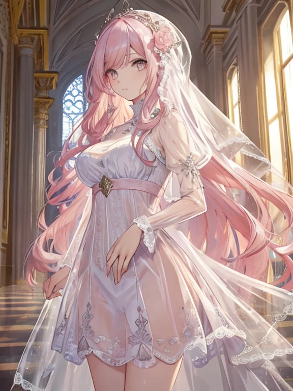 {{{{masterpiece}}}}, {{{super detailed}}}, {{{High resolution}}}, {{excellent anatomy}}, (((highest quality))), ((very delicate and beautiful)), {{very detailed and delicate}}, extremely detailed, solo, One female、best style、beautiful woman、The most beautiful woman in the world、(transparent sheer dress:1.5),((big breasts))、(((long pink hair)))、Inside the chalk palace, baroque architecture, elegant walkways between towers, in luminist baroque style, royal palace, Baroque symmetry, Italian Renaissance architecture, Endless corridors, Rococo architecture, baroque palace,extremely detailedな瞳, solo, perfect face, pretty face, highly detailed face,Rich facial expressions、(muste piece), (best quality)、golden eyes