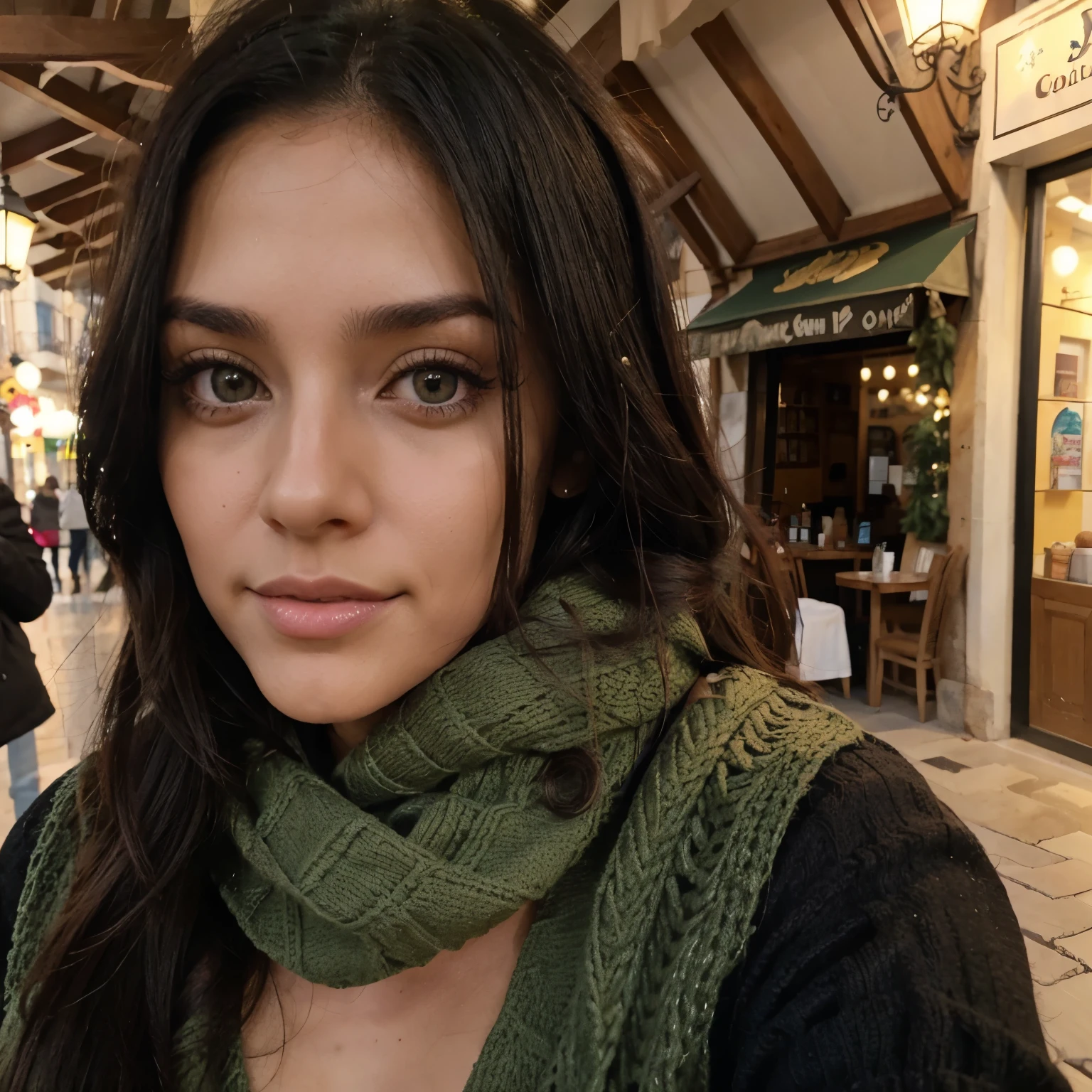 Brunette spanish latino feature with long black hair 33 years old with big green eyes Taking a selfie dressed in chic winter clothes in Spain 