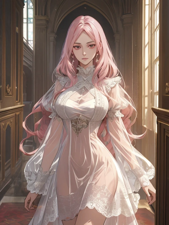 {{{{masterpiece}}}}, {{{super detailed}}}, {{{High resolution}}}, {{excellent anatomy}}, (((highest quality))), ((very delicate and beautiful)), {{very detailed and delicate}}, extremely detailed, solo, One female、best style、beautiful woman、The most beautiful woman in the world、(transparent sheer dress:1.5),((big breasts))、(((long pink hair)))、Inside the chalk palace, baroque architecture, elegant walkways between towers, in luminist baroque style, royal palace, Baroque symmetry, Italian Renaissance architecture, Endless corridors, Rococo architecture, baroque palace,extremely detailedな瞳, solo, perfect face, pretty face, highly detailed face，Rich facial expressions、(muste piece), (best quality)、red eyes