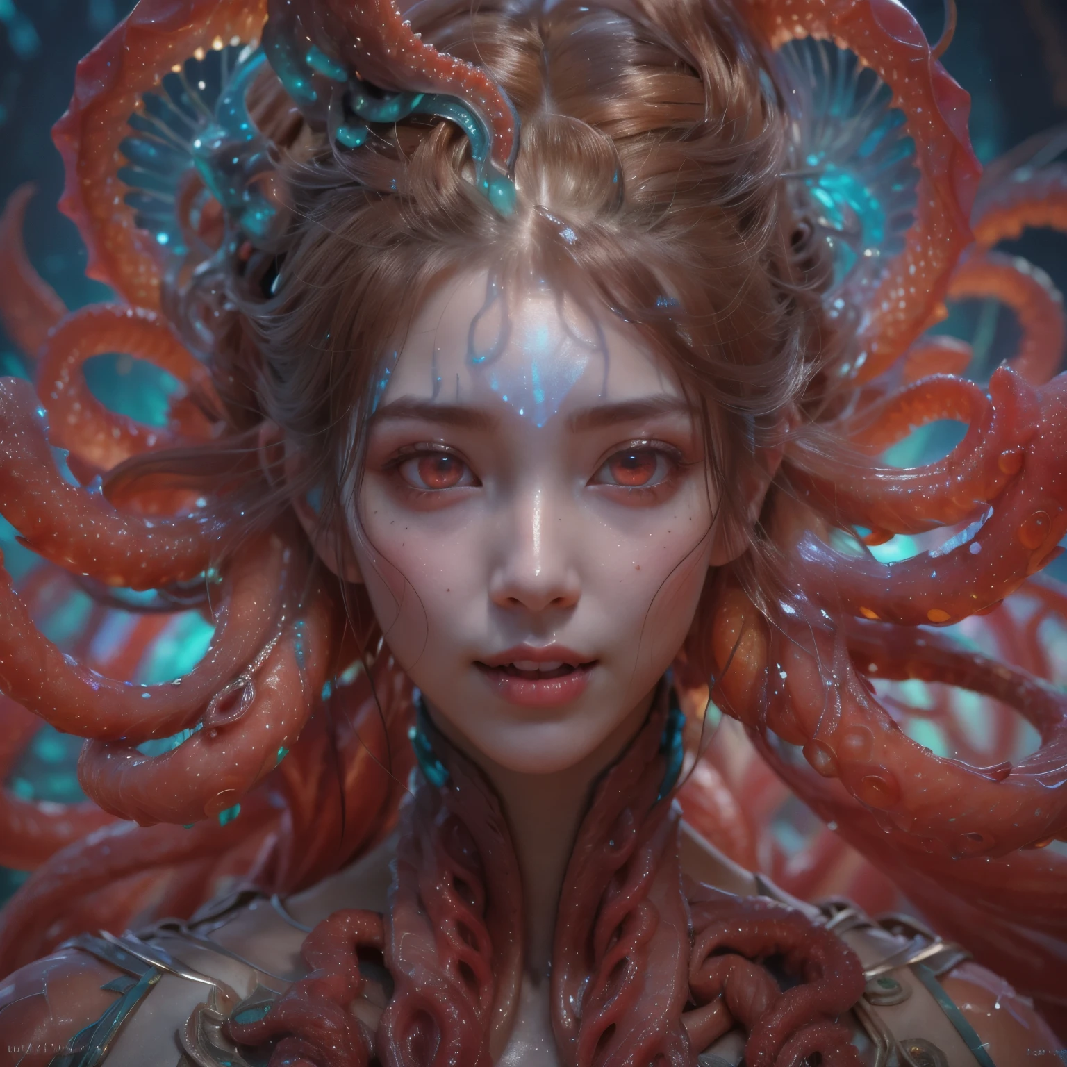 best quality, masterpiece, ultra high resolution, (photos realistic:1.7), scary and sexy detailed art in color, Portrait, (beautiful and obscene female alien:1.4), (vulgarity1.7), (she has red eyes with no pupils:1.8), (She has translucent pale skin:1.7), (There is a female genital-like organ in the middle of the forehead:1.95), (She has the most beautiful face in the history of the universe:1.2), (She has multiple bioluminescent organs on the side of her tentacles:1.4), (Her body is covered with an iridescent exoskeleton:1.3), an evil gaze that seduces, (large mouth:1.1), (sharp teeth like a vampire:1.2), Full body portrait, (bio luminescent:1.5), (Smile wickedly:1.3), (sexypose:1.5), alien, No humans, cells are fused, (There are lots of translucent tentacles from her head:1.3) extraterrestrial, cell, bio image, best quality, 8K,In 4K_quality, High freshness, Dramatic Lighting, cinematic quality, detail up, (exquisite details:1.2), High freshness, drawing faithfully, (Thick eyebrows:1.2), Beautiful eyes with fine symmetry,(Highly detailed face and eyes:1.2),(Super detailed skin quality feeling:1.4), perfect ???????, (Beautiful toned body:1.5), (Moist skin:1.2), not wearing makeup, (dark circles:1.1), long canines, cinematic drawing of characters, cinematic quality, detail up, (exquisite details:1.2), high resolution, High freshness, drawing faithfully, official art, Unity 8K Wall paper, ultra detailed artistic photography, midnight aura, unreal engine 5, Ultra Sharp Focus, art by Amano Yoshitaka, ArtGerm, Roisch, intricate artwork,ultra realistic realism, dream-like, nautilus, Creation of fantasy, dream Snail, (biopunk nautilus:1.3),Thrilling color schemes, seductively smiling, Blue tentacles, Amazing mutation, well-proportioned body, goddess of the deep sea, fractal, Geometric pattern, impossible figures,(asymmetry:1.4), (white tentacles with blue stripes:1.4), subtle emerald green accents, (expression of ecstasy:1.6), She is doing a sexy pose like a nude model