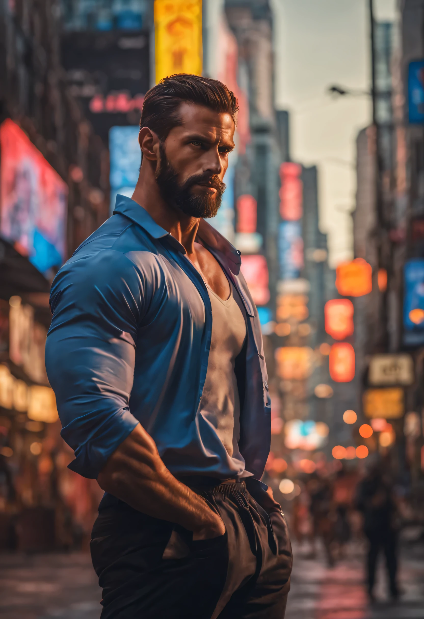 a man with intense gaze,detailed facial features,a strong jawline,sharp eyes,neatly trimmed beard,fit physique,strong arms,confident posture,stylish clothing,standing in a vibrant city atmosphere,urban skyline in the background,exhibiting a sense of power and determination,full of energy and charisma,medium:oil painting,realistic lighting,ultra-detailed,highres,vivid colors,bokeh