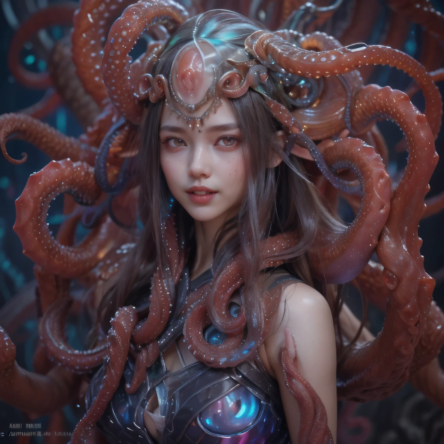 best quality, masterpiece, ultra high resolution, (photos realistic:1.7), scary and y detailed art in color, Portrait, (beautiful and obscene female alien:1.4), (vulgarity1.7), (she has red eyes with no pupils:1.8), (She has translucent pale skin:1.7), (There is a female genital-like organ in the middle of the forehead:1.95), (She has the most beautiful face in the history of the universe:1.2), (She has multiple bioluminescent organs on the side of her tentacles:1.4), (Her body is covered with an iridescent exoskeleton:1.3), an evil gaze that seduces, (large mouth:1.1), (sharp teeth like a vampire:1.2), Full body portrait, (bio luminescent:1.5), (Smile wickedly:1.3), (sexse:1.5), alien, No humans, cells are fused, (There are lots of translucent tentacles from her head:1.3) extraterrestrial, cell, bio image, best quality, 8K,In 4K_quality, High freshness, Dramatic Lighting, cinematic quality, detail up, (exquisite details:1.2), High freshness, drawing faithfully, (Thick eyebrows:1.2), Beautiful eyes with fine symmetry,(Highly detailed face and eyes:1.2),(Super detailed skin quality feeling:1.4), perfect anatomy, (Beautiful toned body:1.5), (Moist skin:1.2), not wearing makeup, (dark circles:1.1), long canines, cinematic drawing of characters, cinematic quality, detail up, (exquisite details:1.2), high resolution, High freshness, drawing faithfully, official art, Unity 8K Wall paper, ultra detailed artistic photography, midnight aura, unreal engine 5, Ultra Sharp Focus, art by Amano Yoshitaka, ArtGerm, Roisch, intricate artwork,ultra realistic realism, dream-like, nautilus, Creation of fantasy, dream Snail, (biopunk nautilus:1.3),Thrilling color schemes, seductively smiling, Blue tentacles, Amazing mutation, well-proportioned body, goddess of the deep sea, fractal, Geometric pattern, impossible figures,(asymmetry:1.4), (white tentacles with blue stripes:1.4), subtle emerald green accents, (expression of ecstas She is doing a sexy pose lik nude model
