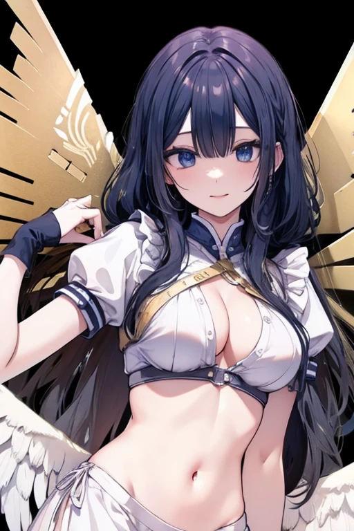 Black hair, blue eyes, large breast, sexy, beautiful body, bed, Masterpiece, angel, white wings, smile