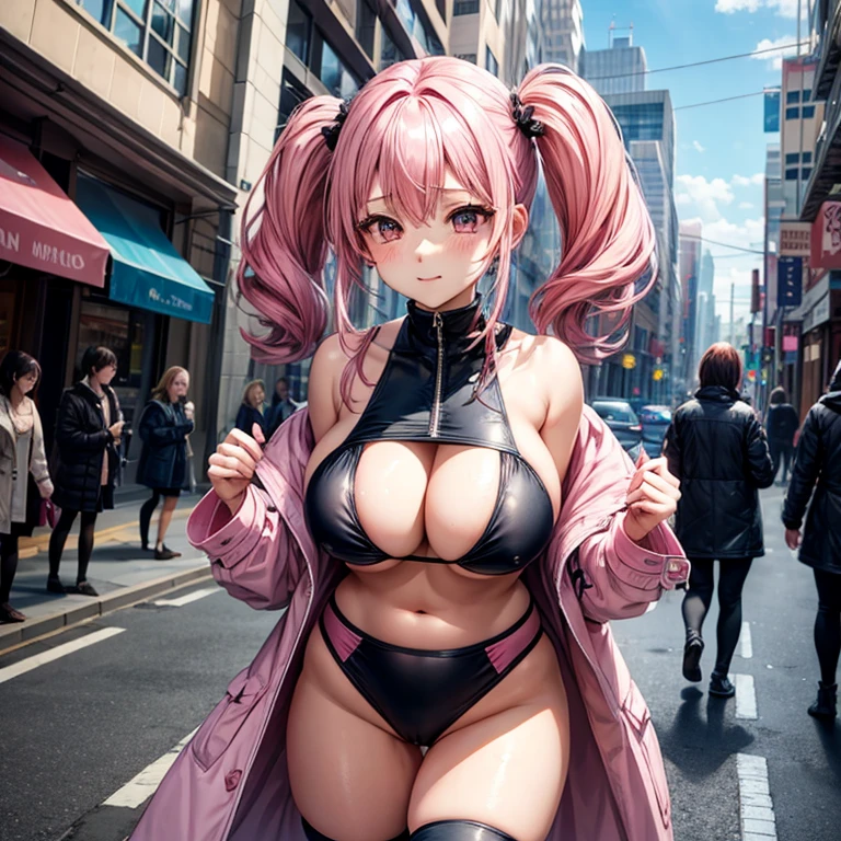 pink hair、twin tails、big breasts、tits、swimsuit、exposed、Slut、Thighhighs、long coat、city、In town、bustling street