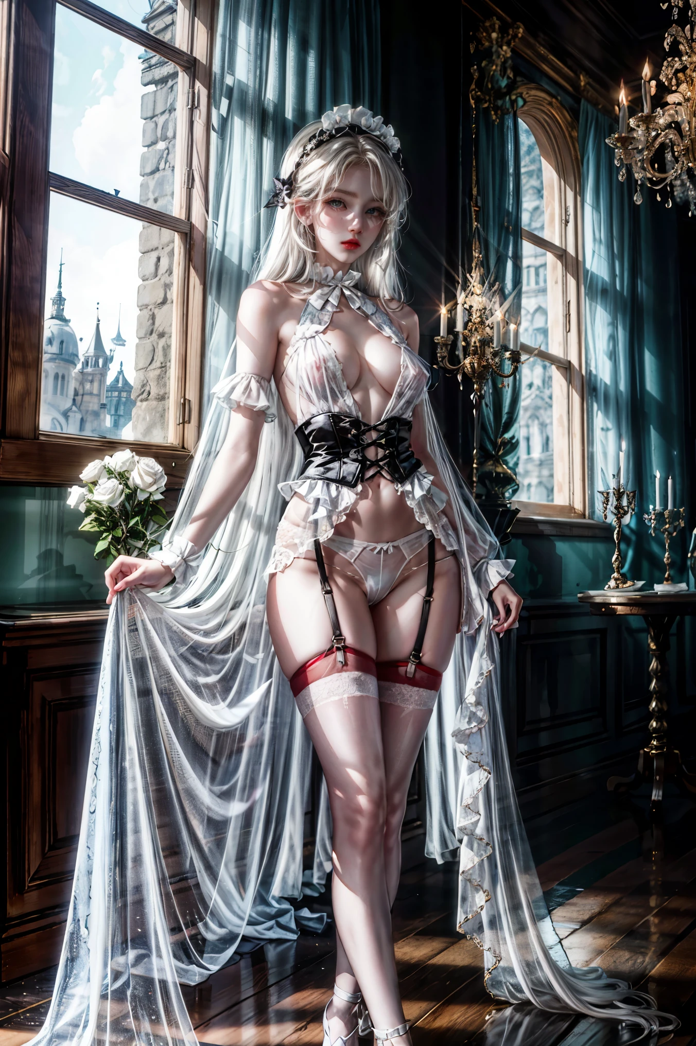 Cute Dragon girl, pretty eyes, cool expression, long white hair, full body shot, seductive, portrait quality, 8K resolution, rich details, small round face, maid, hand cupped face, white rose hair accessory ,showing , fair skin, mood lighting, wearing thin see-through transparent cloth, aperture f/1.2, beautiful bright background, nude, garter belt ,white,naked