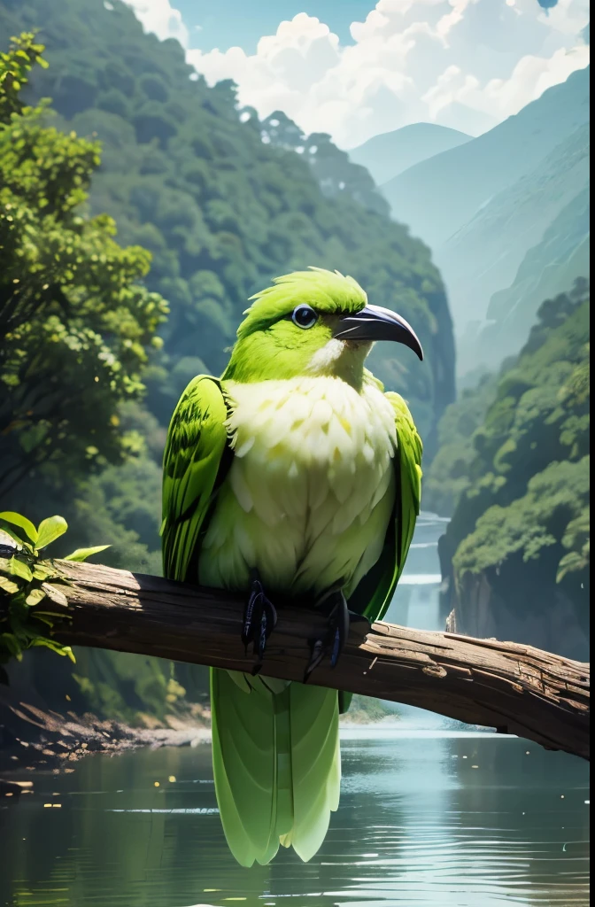 um dia ensolarado, poucas nuvens, a lime green bird looks at a large river, ao lado uma densa floresta (large bird)