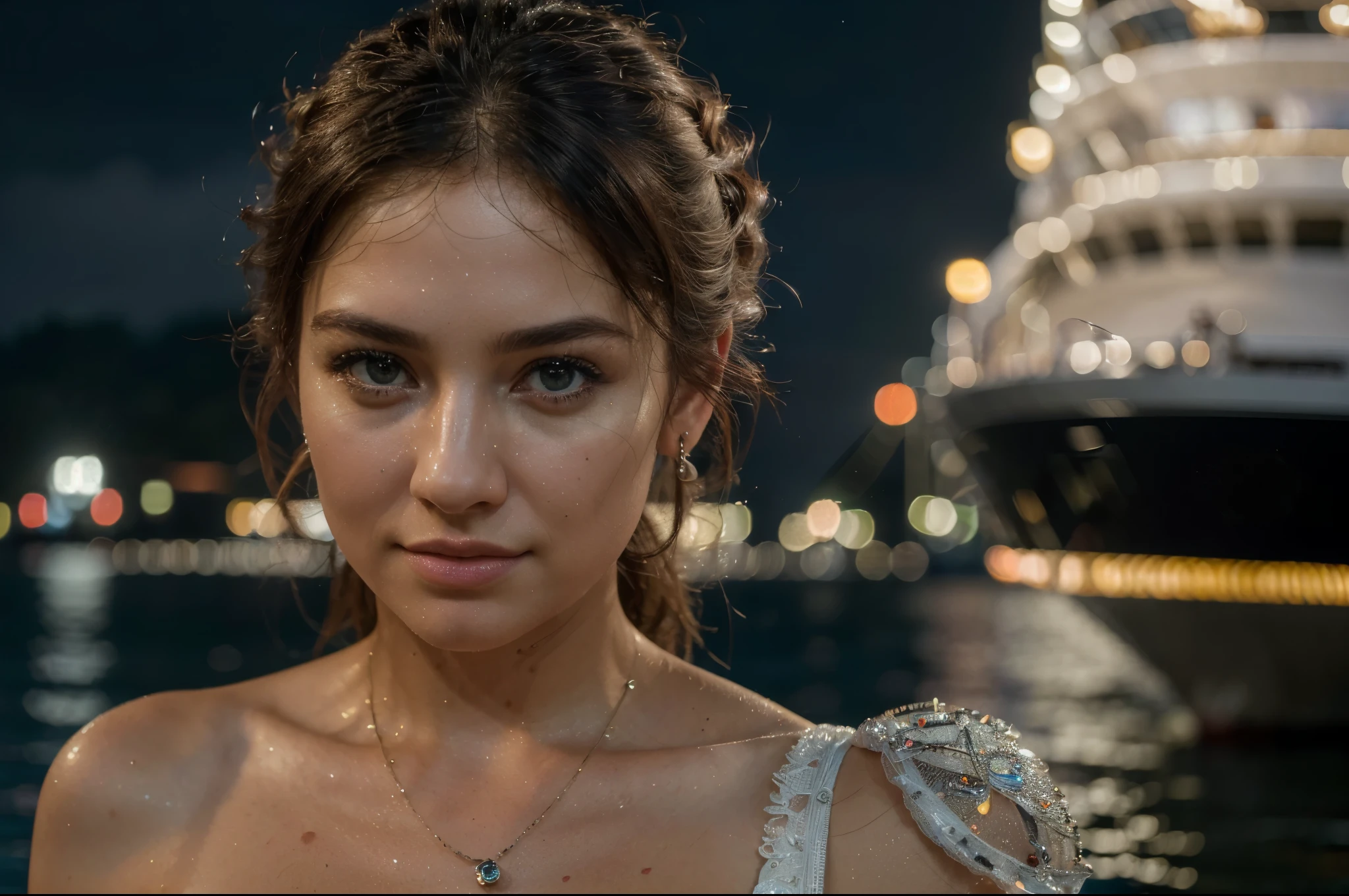 (best quality,4k,8k,highres,masterpiece:1.2),ultra-detailed,(realistic,photorealistic,photo-realistic:1.37),HDR, UHD, studio lighting, ultra-fine painting, sharp focus, physically-based rendering, professional, vivid colors, bokeh,cruise ship travelling on bay, beautiful location, vibrant color, night, best camera, detail
