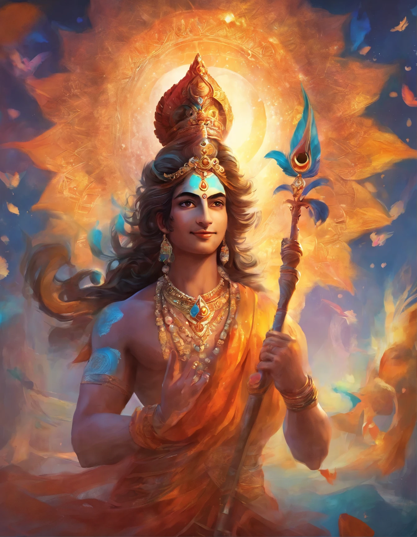 Indian god lord krishna, beautiful detailed eyes,beautiful smiling, masterpiece, 8k