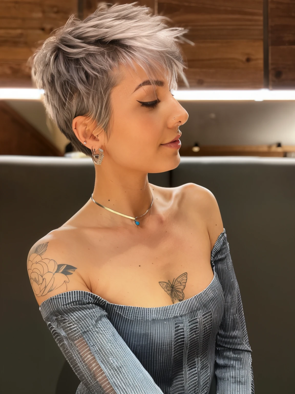 a close up of a woman with a tattoo on her arm, pixie haircut, pixie hair, short grey hair, pixie cut, short silver hair, pixie haircut wlop, pixie undercut hairstyle, pixie cut with shaved side hair, wearing silver hair, short silver grey hair, short messy hair, full of silver layers, black pixie undercut haircut, messy short hair