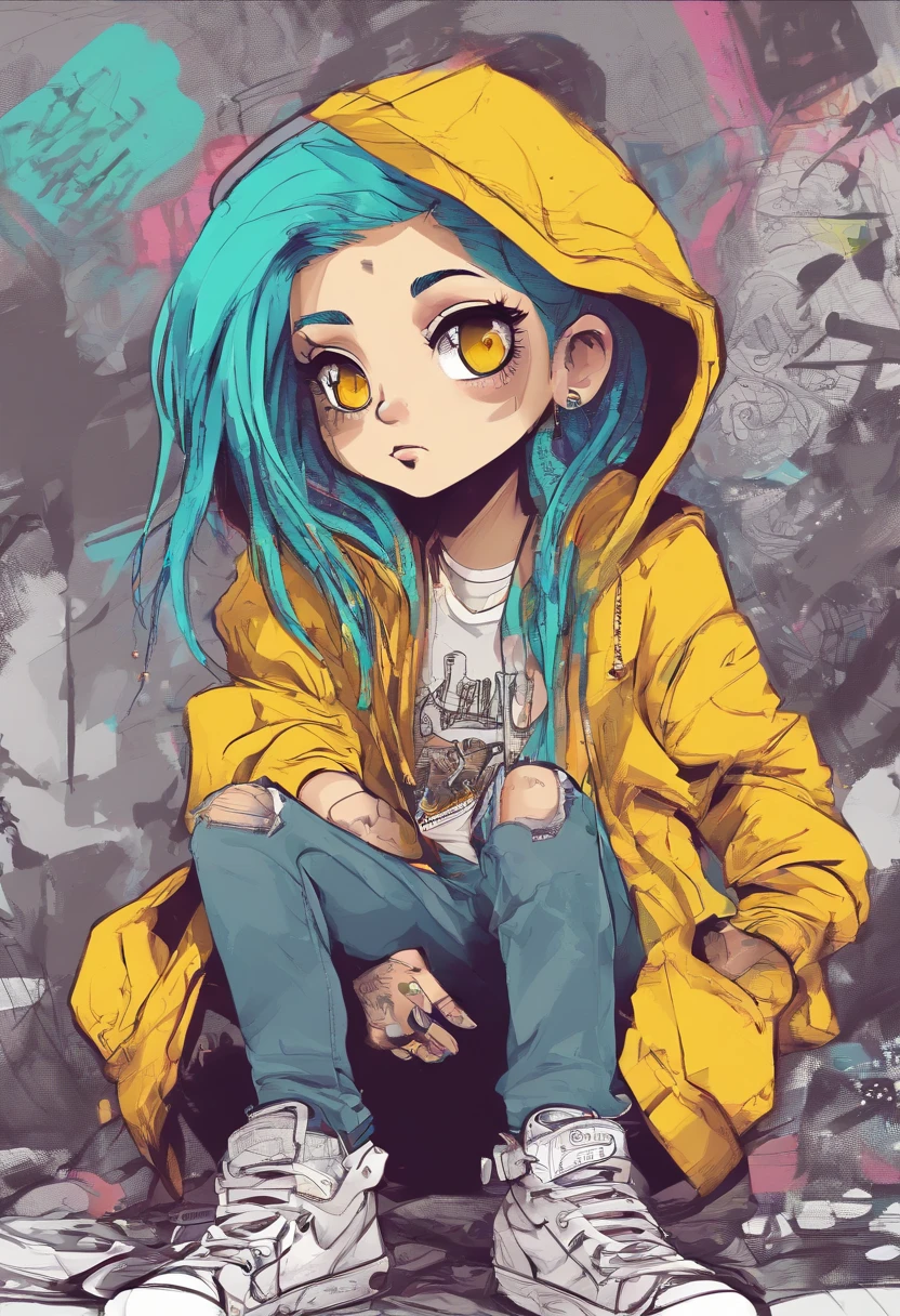 Cool and trendy kiddo girl, rainbow-colored hair, Yellow eyes, Wear trendy hip-hop clothes, Wearing a hoodie, Graphic T-shirt and ripped jeans, Lots of tattoos and piercings, Doodle style background, Highly detailed background, perfect masterpiece, High quality, High resolution