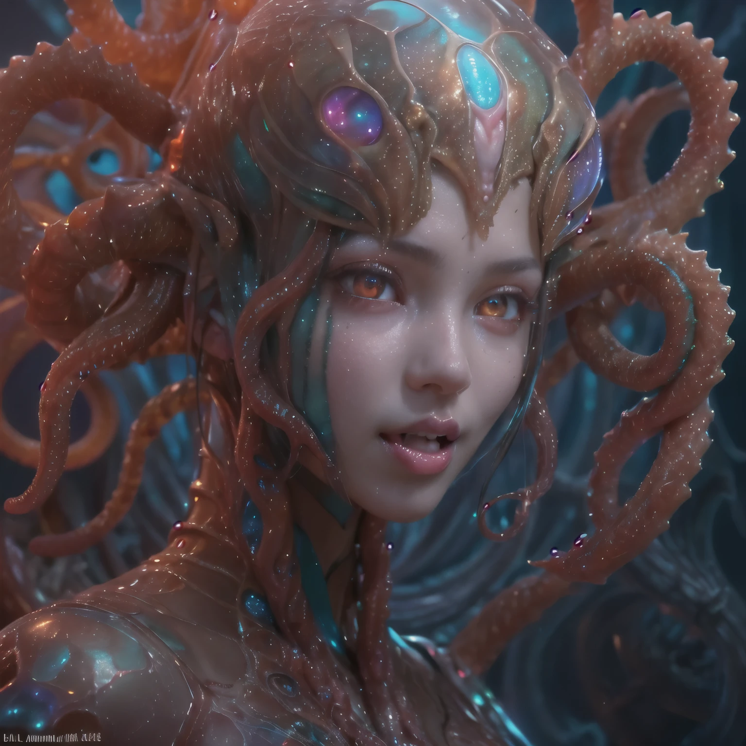best quality, masterpiece, ultra high resolution, (photos realistic:1.7), scary and sexy detailed art in color, Portrait, (beautiful and obscene female alien:1.4), (vulgarity1.7), (she has red eyes with no pupils:1.8), (She has translucent pale skin:1.7), (There is a female genital-like organ in the middle of the forehead:1.95), (She has the most beautiful face in the history of the universe:1.2), (She has multiple bioluminescent organs on the side of her tentacles:1.4), (Her body is covered with an iridescent exoskeleton:1.3), an evil gaze that seduces, (large mouth:1.1), (sharp teeth like a vampire:1.2), Full body portrait, (bio luminescent:1.5), (Smile wickedly:1.3), (sexypose:1.5), alien, No humans, cells are fused, (There are lots of translucent tentacles from her head:1.3) extraterrestrial, cell, bio image, best quality, 8K,In 4K_quality, High freshness, Dramatic Lighting, cinematic quality, detail up, (exquisite details:1.2), High freshness, drawing faithfully, (Thick eyebrows:1.2), Beautiful eyes with fine symmetry,(Highly detailed face and eyes:1.2),(Super detailed skin quality feeling:1.4), perfect anatomy, (Beautiful toned body:1.5), (Moist skin:1.2), not wearing makeup, (dark circles:1.1), long canines, cinematic drawing of characters, cinematic quality, detail up, (exquisite details:1.2), high resolution, High freshness, drawing faithfully, official art, Unity 8K Wall paper, ultra detailed artistic photography, midnight aura, unreal engine 5, Ultra Sharp Focus, art by Amano Yoshitaka, ArtGerm, Roisch, intricate artwork,ultra realistic realism, dream-like, nautilus, Creation of fantasy, dream Snail, (biopunk nautilus:1.3),Thrilling color schemes, seductively smiling, Blue tentacles, Amazing mutation, well-proportioned body, goddess of the deep sea, fractal, Geometric pattern, impossible figures,(asymmetry:1.4), (white tentacles with blue stripes:1.4), subtle emerald green accents, (expression of ecstasy:1.6), She is doing a sexy pose like a nude model
