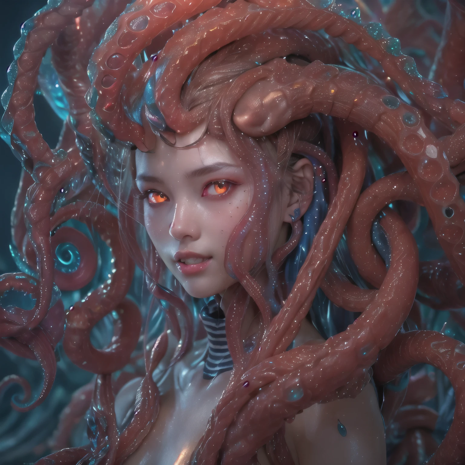 best quality, masterpiece, ultra high resolution, (photos realistic:1.7), scary and sexy detailed art in color, Portrait, (beautiful and obscene female alien:1.4), (vulgarity1.7), (she has red eyes with no pupils:1.8), (She has translucent pale skin:1.7), (There is a female genital-like organ in the middle of the forehead:1.95), (She has the most beautiful face in the history of the universe:1.2), (She has multiple bioluminescent organs on the side of her tentacles:1.4), (Her body is covered with an iridescent exoskeleton:1.3), an evil gaze that seduces, (large mouth:1.1), (sharp teeth like a vampire:1.2), Full body portrait, (bio luminescent:1.5), (Smile wickedly:1.3), (sexypose:1.5), alien, No humans, cells are fused, (There are lots of translucent tentacles from her head:1.3) extraterrestrial, cell, bio image, best quality, 8K,In 4K_quality, High freshness, Dramatic Lighting, cinematic quality, detail up, (exquisite details:1.2), High freshness, drawing faithfully, (Thick eyebrows:1.2), Beautiful eyes with fine symmetry,(Highly detailed face and eyes:1.2),(Super detailed skin quality feeling:1.4), perfect anatomy, (Beautiful toned body:1.5), (Moist skin:1.2), not wearing makeup, (dark circles:1.1), long canines, cinematic drawing of characters, cinematic quality, detail up, (exquisite details:1.2), high resolution, High freshness, drawing faithfully, official art, Unity 8K Wall paper, ultra detailed artistic photography, midnight aura, unreal engine 5, Ultra Sharp Focus, art by Amano Yoshitaka, ArtGerm, Roisch, intricate artwork,ultra realistic realism, dream-like, nautilus, Creation of fantasy, dream Snail, (biopunk nautilus:1.3),Thrilling color schemes, seductively smiling, Blue tentacles, Amazing mutation, well-proportioned body, goddess of the deep sea, fractal, Geometric pattern, impossible figures,(asymmetry:1.4), (white tentacles with blue stripes:1.4), subtle emerald green accents, (expression of ecstasy:1.6), She is doing a sexy pose like a nude model