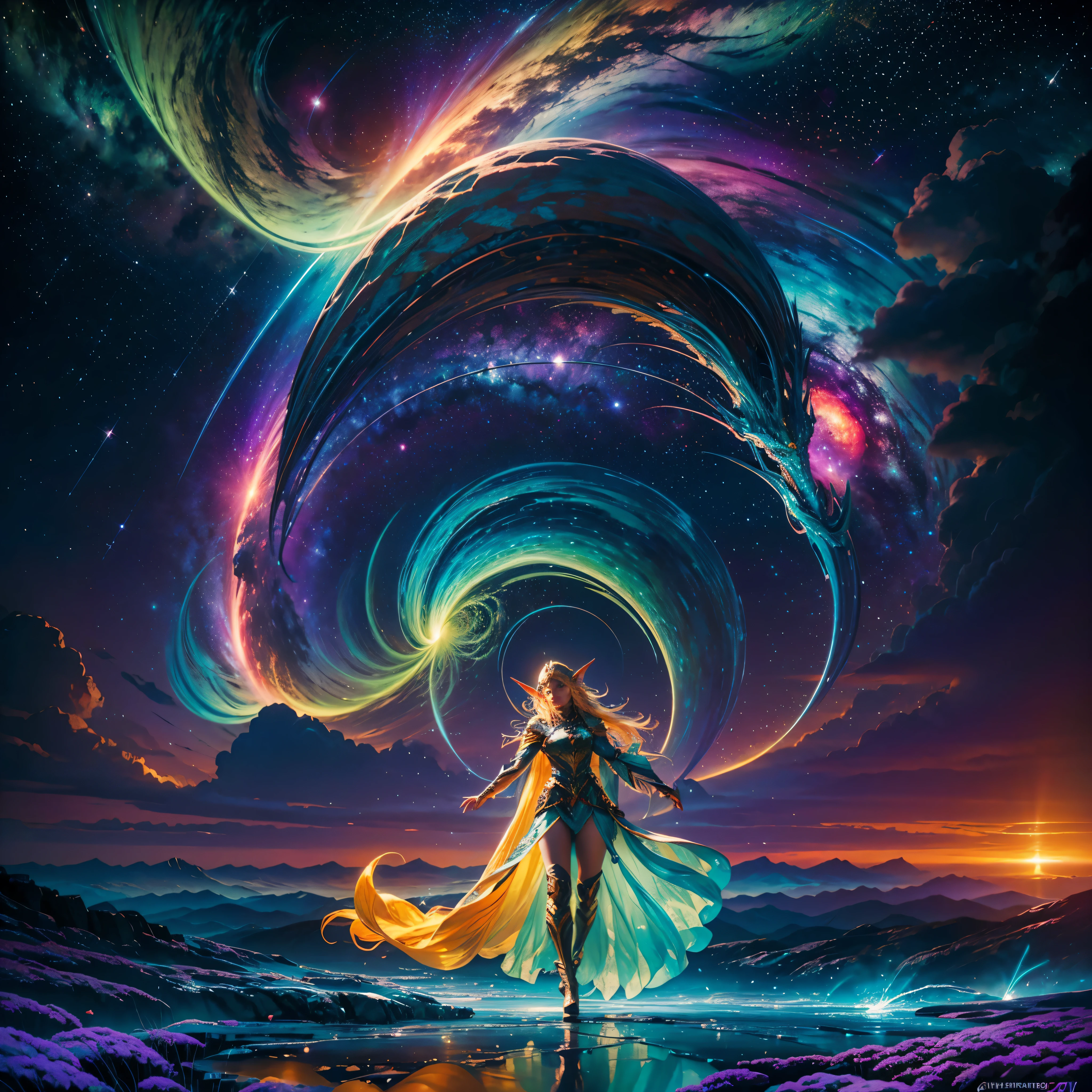 Hyper Vibrant Nebulae Octans by_Mappa Spacious Starry_sky Borealis (🎈 Sunset epic sunshine parabolic sunrise Rain_Color Colorful_liquid_on_naked_body:1.3 Colorful_body Colorful_ink_on_hair:1.2 Rainbow Abundant_colorful_liquids White_liquid fullbodye wet_Color_liquid) In the vast expanse of the cosmos, a breathtaking image unfolds before your eyes. In the heart of a starry galaxy, vibrant nebula dance and swirl, their ethereal colors blending and intertwining. The scene is a symphony of cosmic beauty, with tendrils of interstellar dust and gas reaching out into the void. The stars shine with an otherworldly brilliance, illuminating the cosmic tapestry that stretches across the vastness of space. It is a visual feast for the senses, an awe-inspiring glimpse into the wonders of the universe. BREAK,Detailed,Realistic, highly detailed digital art,octane render, bioluminescent, BREAK,by Mappa studios,masterpiece,best quality,official art,illustration,ligne claire,(cool_color),perfect composition,absurdres, fantasy,focused, "Scepter of Domination" rule of thirds (((Deedlit gorgeous Blond long hair native Elf Forest Lodoss War magic summon Ondine invocate Effrit))) masterpiece meticulously intricate 🎠deep path equirectangular🎡 ultra_high-details extreme improved ultra_high-quality ultra_high-res ultra_photo-realistic optimal ultra_sharpness perfection accurate volumetric SunLight Lightning_contrast global_illumination cgi vfx sfx reflex Octane_rendered ultra_high-def UHD XT3 DSLR HDR romm rgb pbr 3dcg fxaa blu-ray vivid colors-coded anti-aliasing fkaa txaa rtx ssao opengl-shaders glsl-shaders post-processing post-production cell-shading tone-mapping ❤luminescence 😘glow 👩Heart hearth Crystalline butterfly earth invoke monarch magic fleuraison monster monstrous creature sundrop slide onyx summon transparent ruby Earth hearth bloom flash Tourmaline opal strange glow hole reflection varies multi etc. --s 1000 --c 20 --q 20 --chaos 100