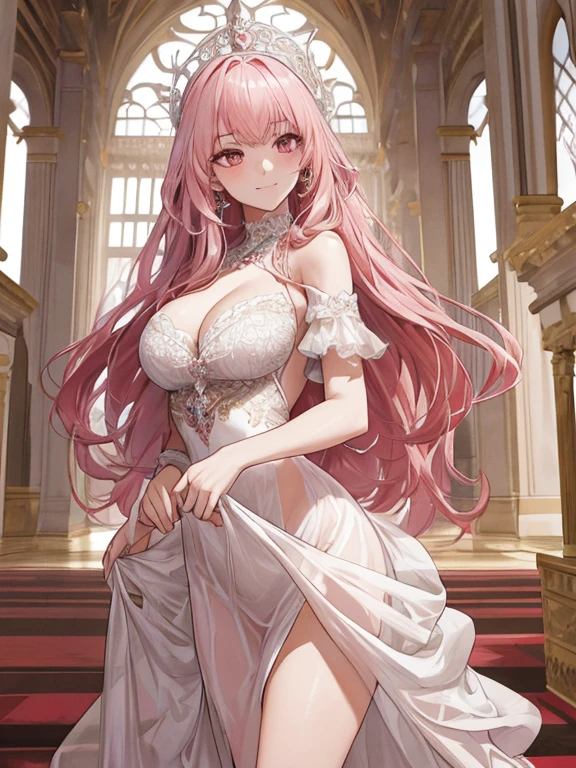 {{{{masterpiece}}}}, {{{super detailed}}}, {{{High resolution}}}, {{excellent anatomy}}, (((highest quality))), ((very delicate and beautiful)), {{very detailed and delicate}}, extremely detailed, solo, One female、best style、beautiful woman、The most beautiful woman in the world、(Sheer sexy dress:1.5),((big breasts))、(((long pink hair)))、Inside the chalk palace, baroque architecture, elegant walkways between towers, in luminist baroque style, royal palace, Baroque symmetry, Italian Renaissance architecture, Endless corridors, Rococo architecture, baroque palace,extremely detailedな瞳, solo, perfect face, pretty face, highly detailed face,Rich facial expressions、smile、(muste piece), (best quality)、red eyes