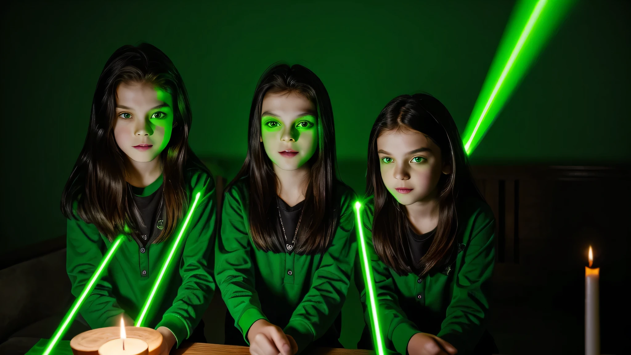 3 girls Russian children with 10 years old, WITH LONG STRAIGHT HAIR platinum redheads, black leather jacket and black clothes, candles hands with fire, PORTRAT STYLE, a green glow, detalized background of green glow, green glow, green ambient light, bright green, radioactive glow green, neon green, sickening green colors.