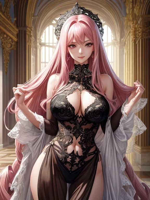 {{{{masterpiece}}}}, {{{super detailed}}}, {{{High resolution}}}, {{excellent anatomy}}, (((highest quality))), ((very delicate and beautiful)), {{very detailed and delicate}}, extremely detailed, solo, One female、best style、beautiful woman、The most beautiful woman in the world、(Sheer sexy dress:1.5),((big breasts))、(((long pink hair)))、Inside the chalk palace, baroque architecture, elegant walkways between towers, in luminist baroque style, royal palace, Baroque symmetry, Italian Renaissance architecture, Endless corridors, Rococo architecture, baroque palace,extremely detailedな瞳, solo, perfect face, pretty face, highly detailed face,Rich facial expressions、smile、(muste piece), (best quality)、red eyes