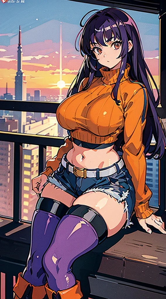 1990s anime, (masterpiece), high-definition, vibrant colors, korean girl, big boobs, big hips, messy dark purple hair, orange eyes, crop top sweater, jacket, shorts, belt, thong, thigh high stockings, boots, fishnet, balcony, leaning on the railing, sunset