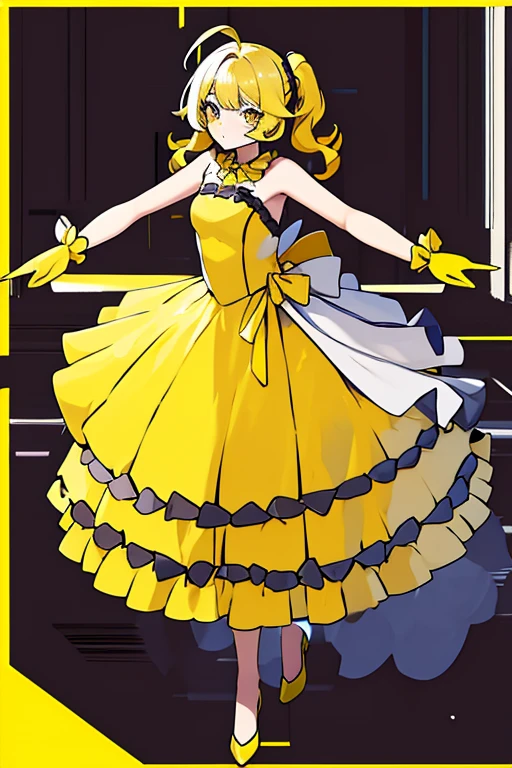 Yellow wrist cuff, girl, yellow ball gown, yellow eyes, girly, bare arms, black gloves, yellow hair, wavy hair, yellow chest piece