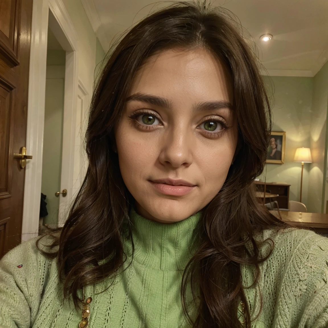 Too beautiful brunette with striking Spanish Latin features, 33 years old, beautiful big eyes and bright green, taking a selfie dressed in European winter clothes, in Madrid Spain