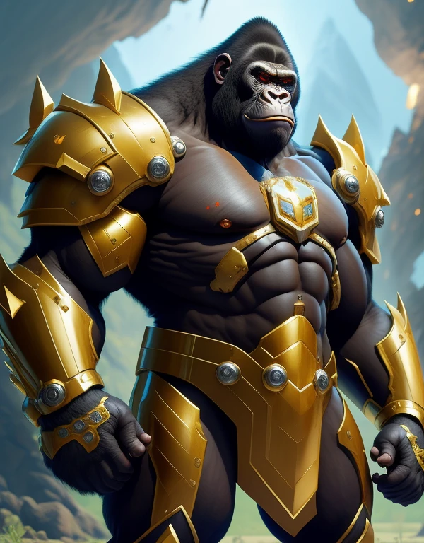 a close up of a gorilla in a gold armor outfit, winston the ape from overwatch, 8k high quality detailed art, detailed game art illustration, high detailed official artwork, doomfist from overwatch, bored ape nft, buff painting, god king of ai art, digital painting highly detailed, painting of goliath, striking detailed artstyle, humanoid monkey fantasy race