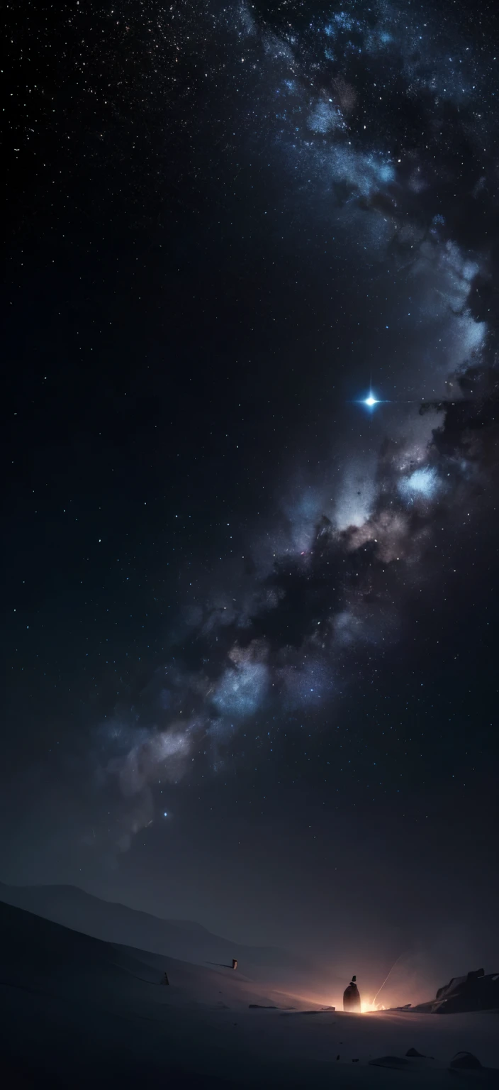 Generate a high-resolution image with a dark, starry background. The night sky should be filled with bright stars that create a sense of depth and mystery. Include a subtle cloud of smoke in the image to add an atmospheric element. The smoke should blend organically with the starry background, creating an ethereal and mysterious atmosphere. As cores na imagem devem ser profissionais, with a balance of tones that enhance the contrast between the bright stars and the dark background, as well as adding depth to the composition. Certifique-se de que a imagem seja altamente detalhada, with individual stars clearly visible and a realistic texture in the smoke. The image should evoke a cinematic feel that inspires contemplation and a connection to the universe. Do not include any other elements in the image, except for the starry background and smoke mentioned earlier. The goal is to create a visually impactful scene with the simplicity of these elements