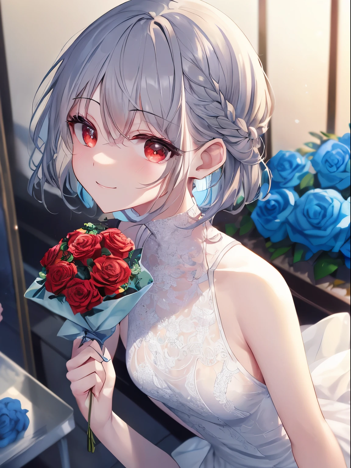 (table top.highest quality).(dynamic angle). (CG painting with very impressive details),(perfect image)、comic strip.figure.1 girl.detailed face、perfect face.delicate face、Girl in delicate white wedding dress、Smooth skin、(gray hair).short hair、(short braided hair)、((beautiful red eyes)).delicate and beautiful eyes、detailed eyes、Reflected eyes、Watery eye、smile.(Holding a bouquet of blue roses:1.3).(Blue petals flutter:0.8)、((Girl in white prom dress))、8k wallpaper、cowboy shot、reflected light、most detailed、Complex、delicate background、rough skin、fine skin、(super resolution)、